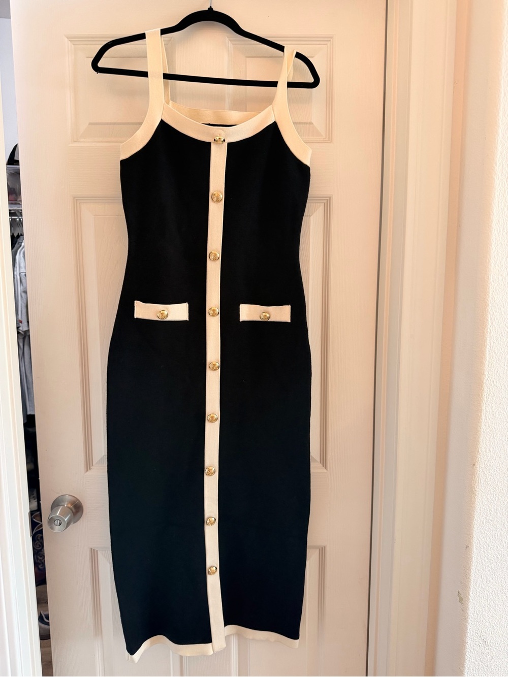 VICI Black Midi Dress with Cream Trim and Gold Buttons